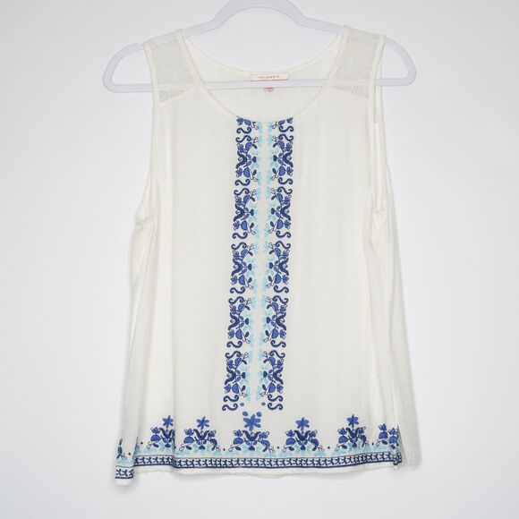 Skies Are Blue Womens Tank Top Size XL White Blue Embroidered Floral Boho - Picture 1 of 7